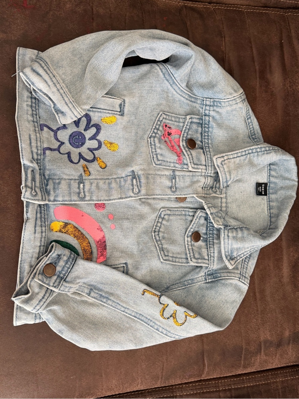 SHEIN Light Blue Denim Jacket with Pink, Yellow & Purple Accents